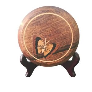 Vintage Round Wooden Butterfly Inlay Trinket Box Handcrafted Knick Knack Storage